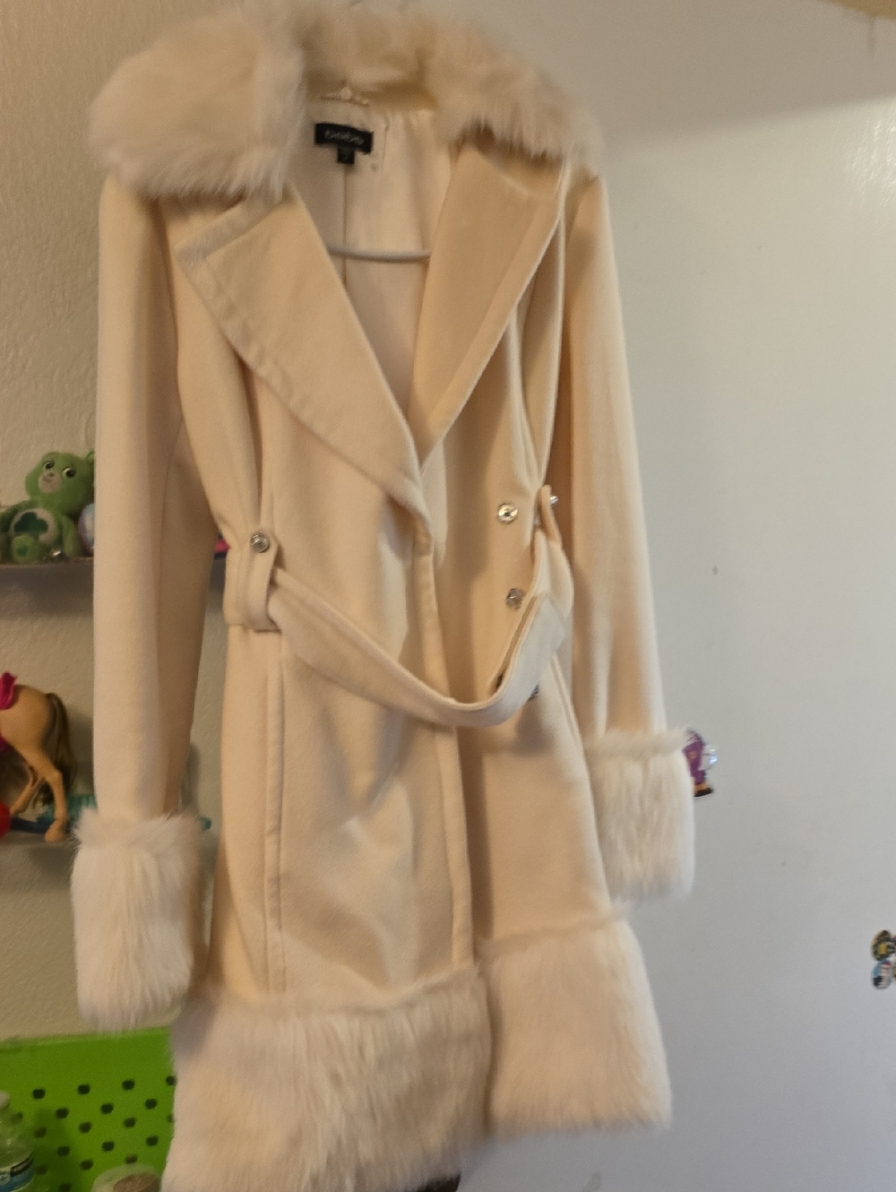 bebe Cream Faux Fur-Trim Trench Coat